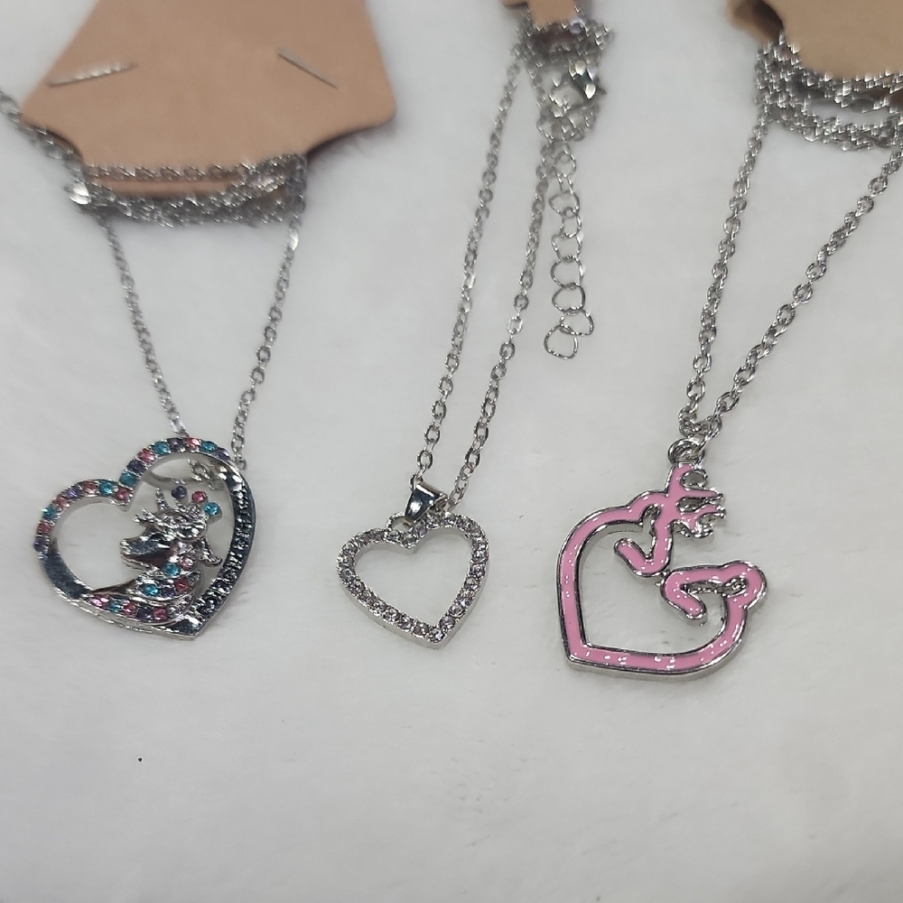 🦄 3 Pc Heart Necklace Set Unicorn, Rhinestone, Deer 🦌